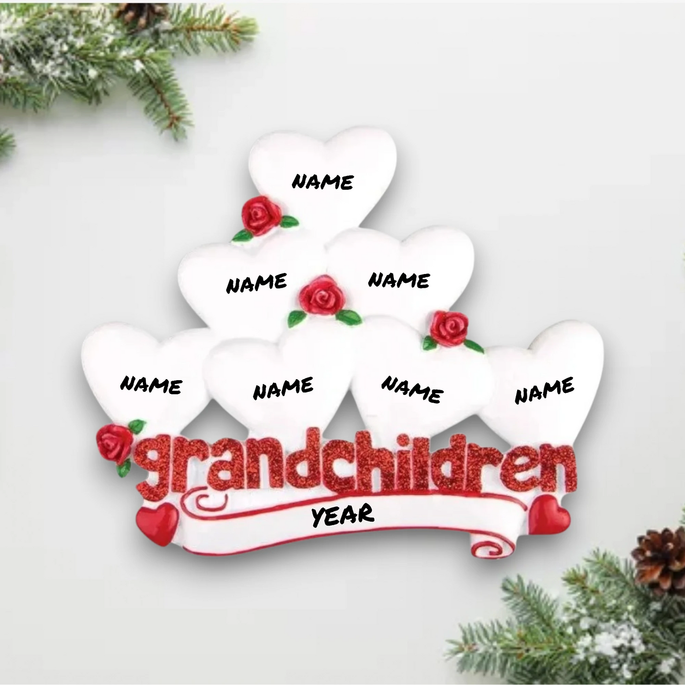  Personalized Grandchildren with Seven Hearts Christmas Ornament featuring customizable hearts with names, red roses, and “grandchildren” text.
