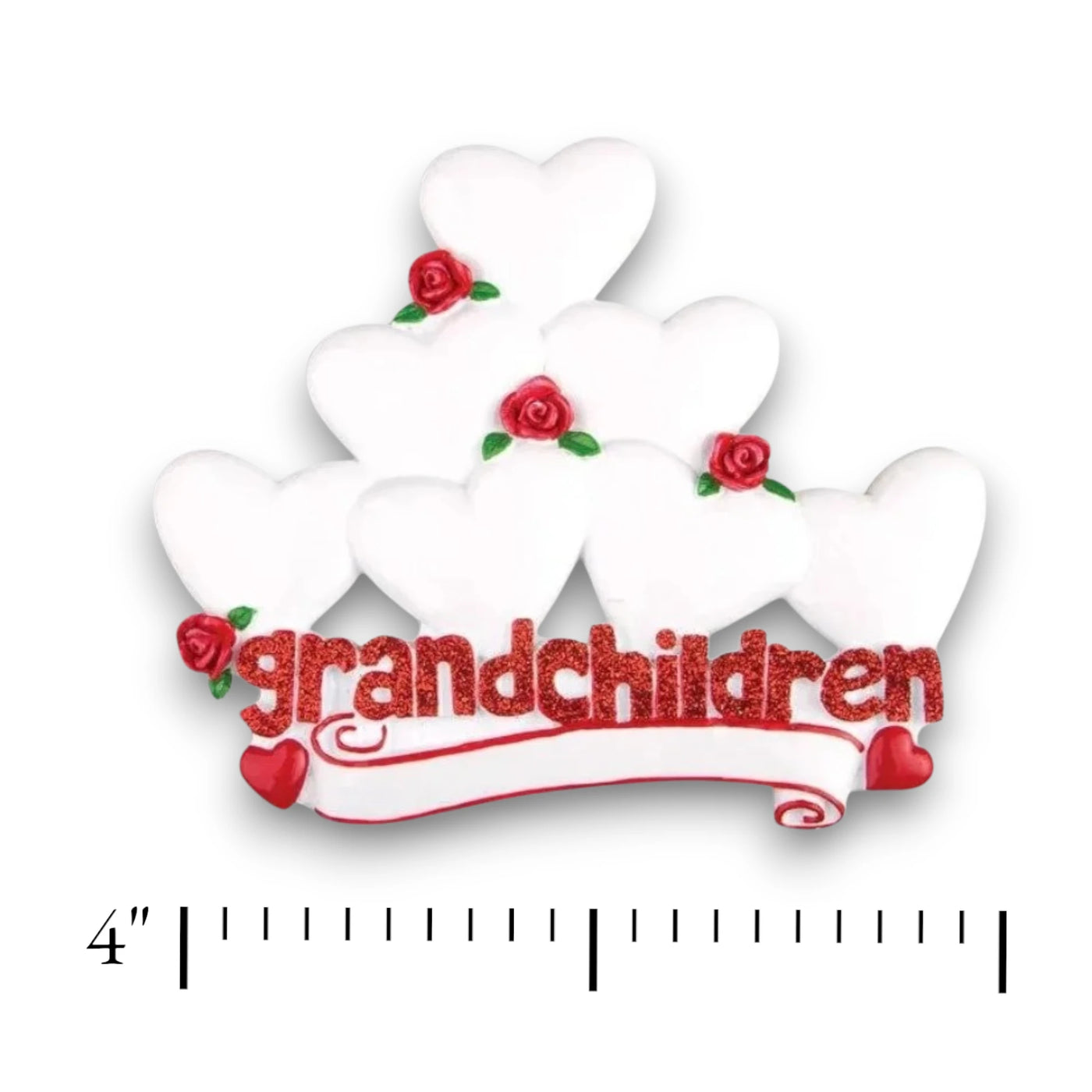  Personalized Grandchildren with Seven Hearts Christmas Ornament featuring customizable hearts with names, red roses, and “grandchildren” text.
