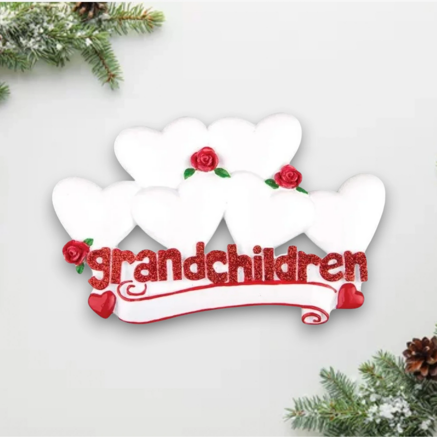 Personalized Grandchildren with Six Hearts Christmas Ornament featuring customizable hearts with names, red roses, and “grandchildren” text.
