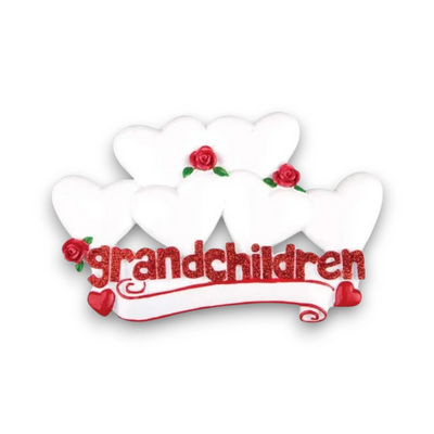 Personalized Grandchildren with Six Hearts Christmas Ornament featuring customizable hearts with names, red roses, and “grandchildren” text.
