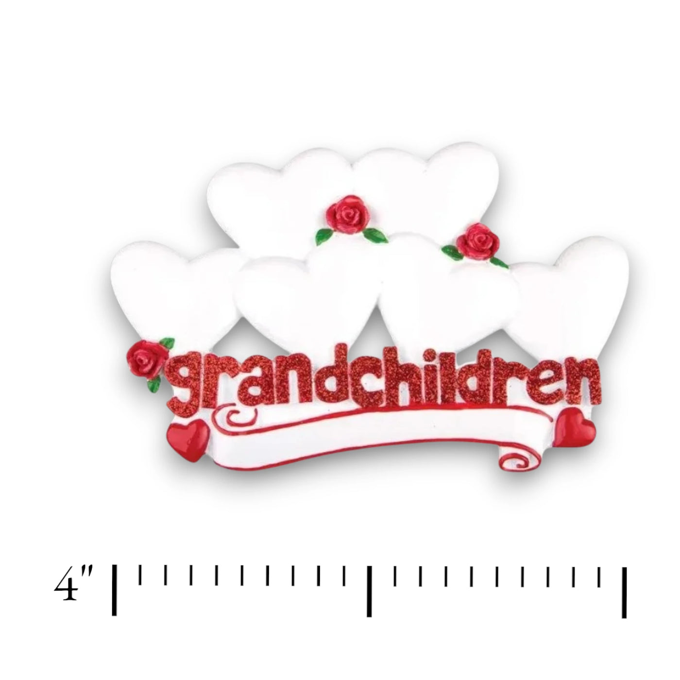 Personalized Grandchildren with Six Hearts Christmas Ornament featuring customizable hearts with names, red roses, and “grandchildren” text.
