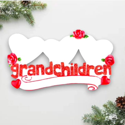 Personalized Grandchildren Keepsake Ornament with three hearts, red roses, and customizable names.