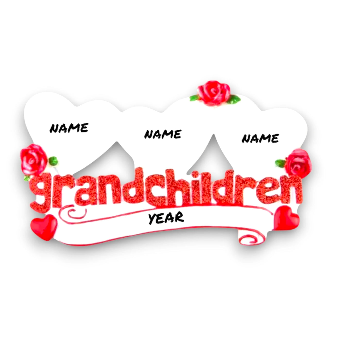 Personalized Grandchildren Keepsake Ornament with three hearts, red roses, and customizable names.