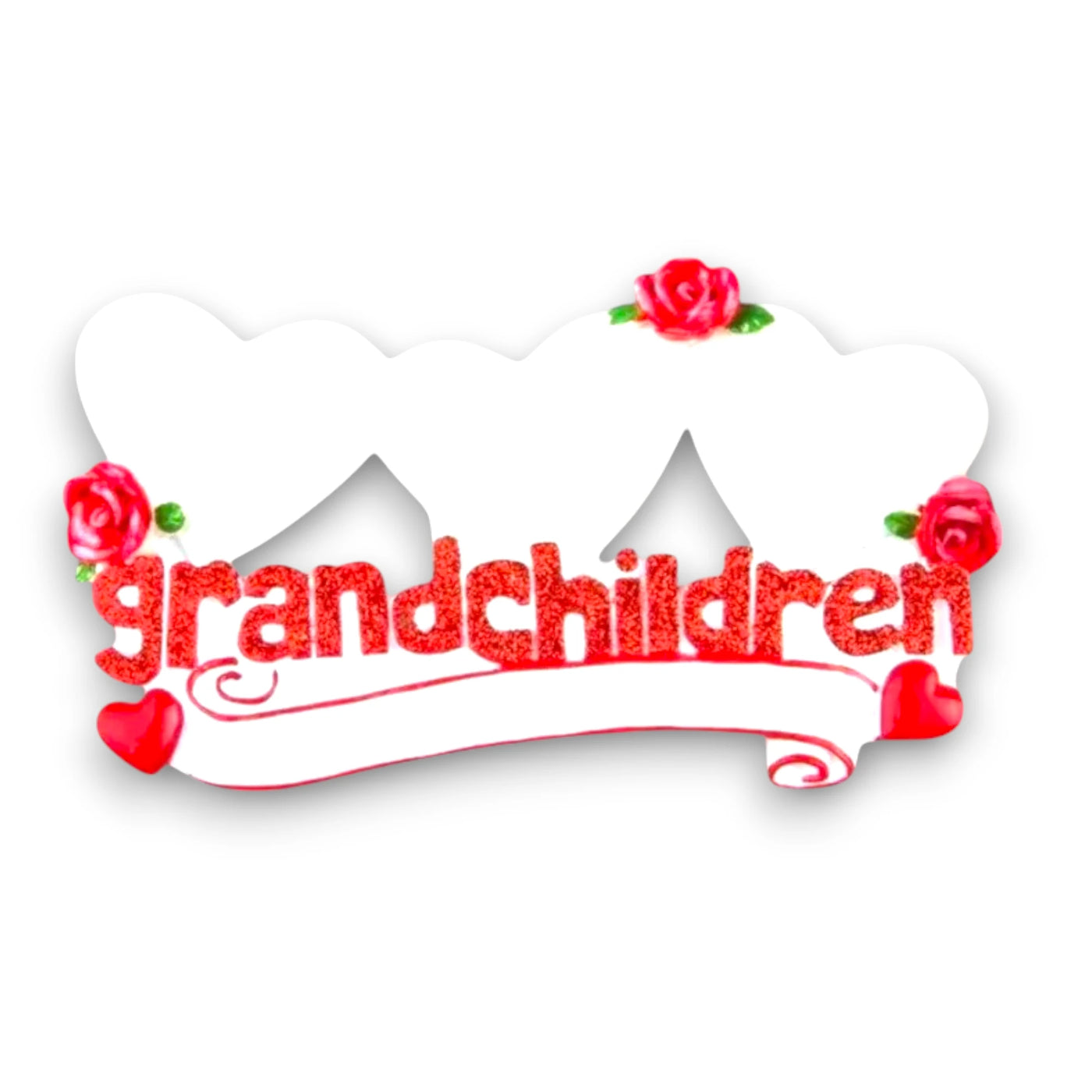 Personalized Grandchildren Keepsake Ornament with three hearts, red roses, and customizable names.