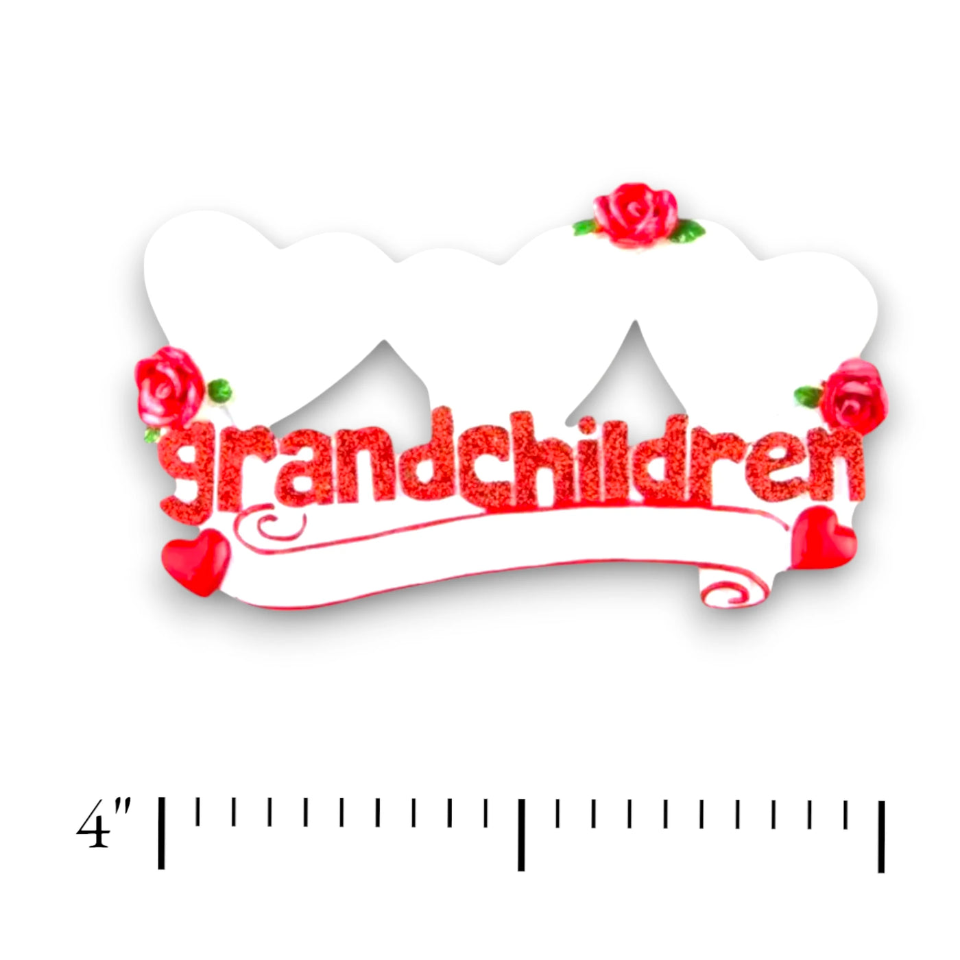 Personalized Grandchildren Keepsake Ornament with three hearts, red roses, and customizable names.