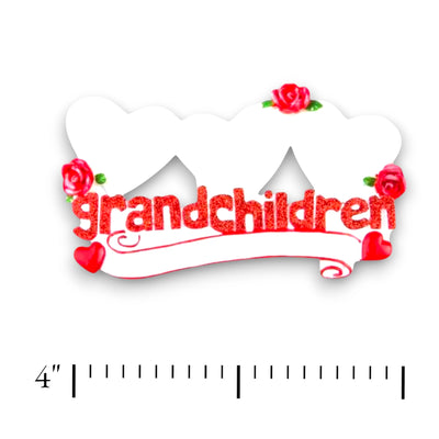 Personalized Grandchildren Keepsake Ornament with three hearts, red roses, and customizable names.