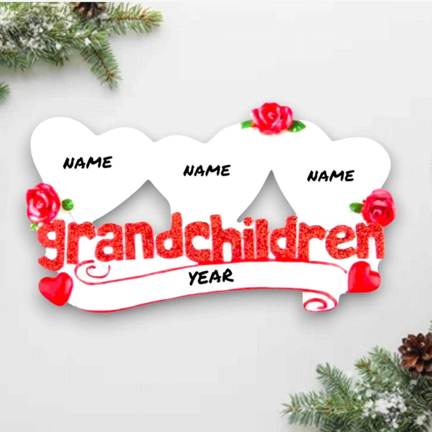 Personalized Grandchildren Keepsake Ornament with three hearts, red roses, and customizable names.