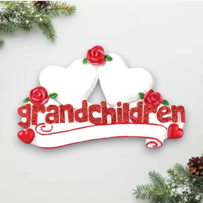 Personalized Grandchildren with Two Hearts Christmas Ornament featuring customizable hearts for names and a year banner, with red roses and glitter accents.