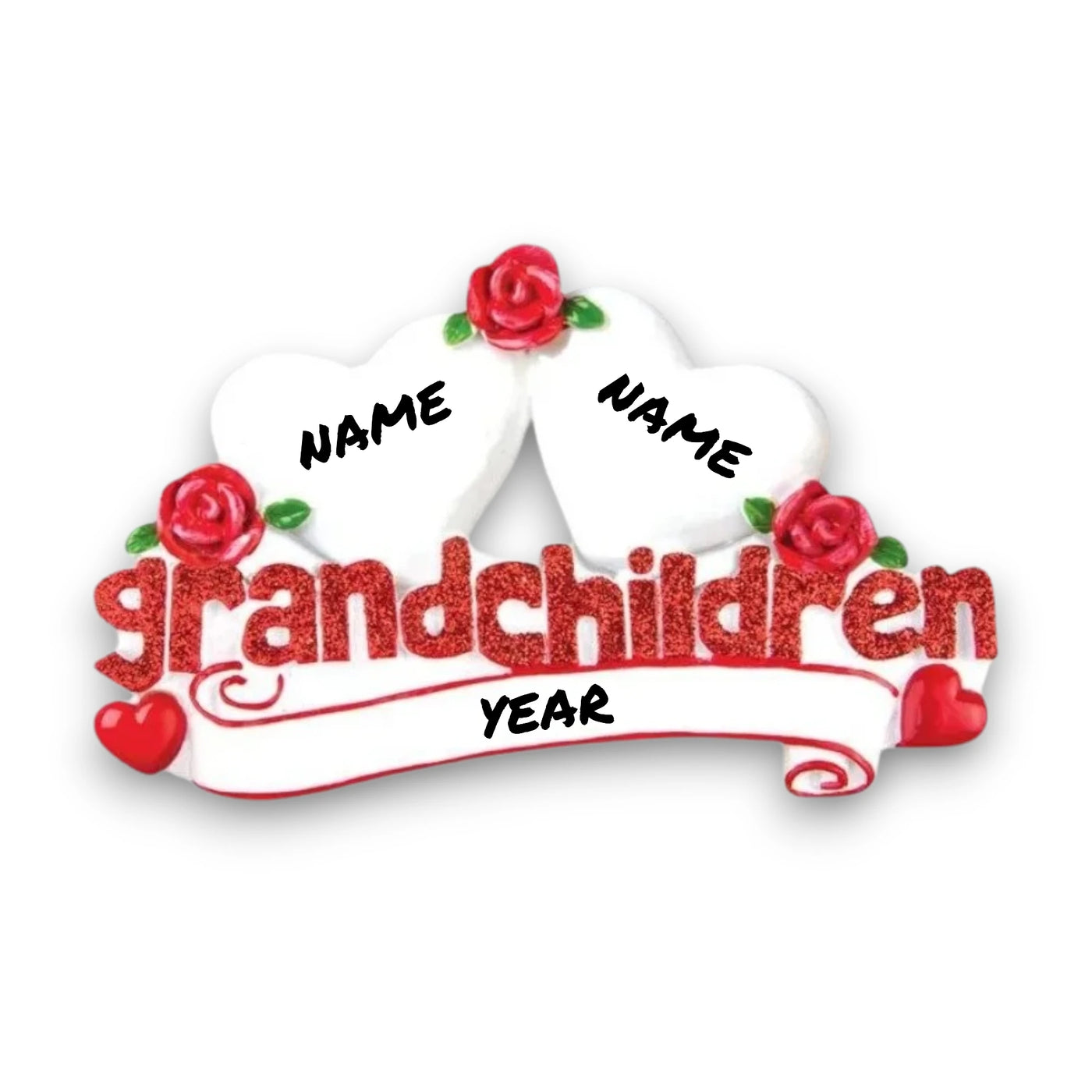 Personalized Grandchildren with Two Hearts Christmas Ornament featuring customizable hearts for names and a year banner, with red roses and glitter accents.