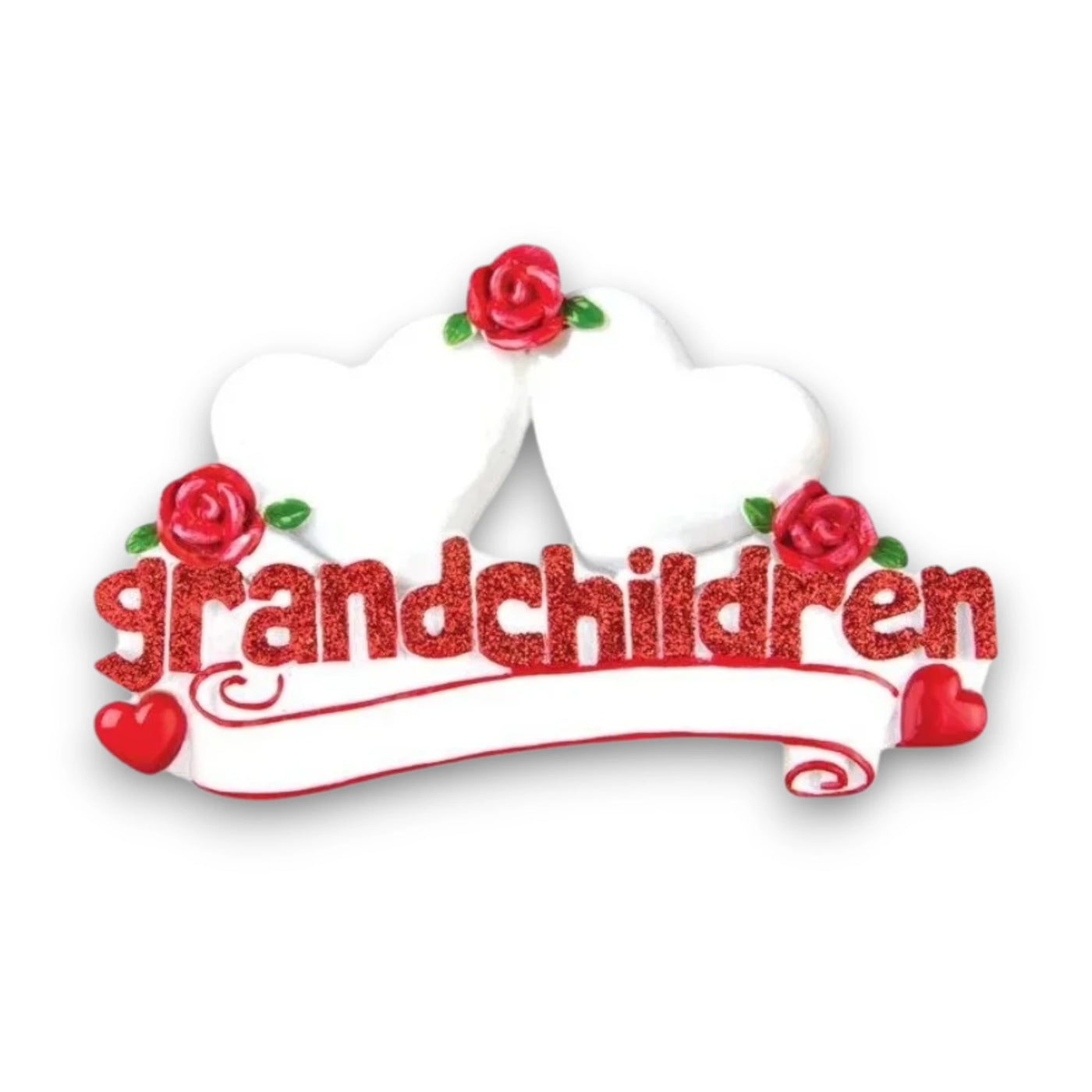 Personalized Grandchildren with Two Hearts Christmas Ornament featuring customizable hearts for names and a year banner, with red roses and glitter accents.