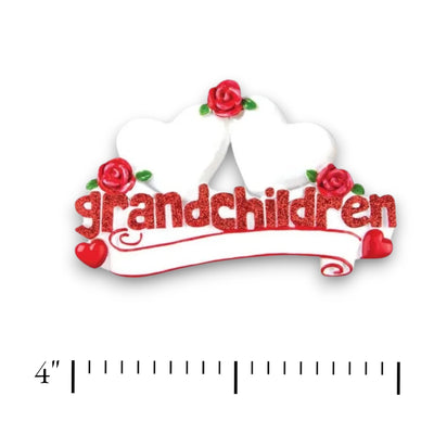 Personalized Grandchildren with Two Hearts Christmas Ornament featuring customizable hearts for names and a year banner, with red roses and glitter accents.