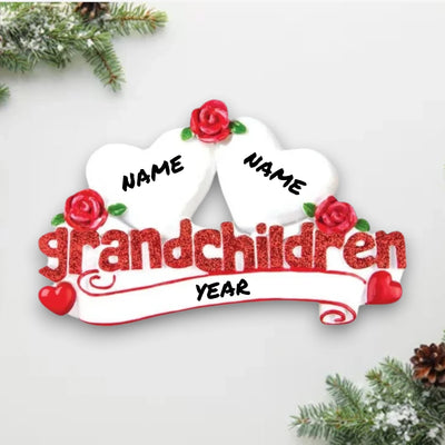 Personalized Grandchildren with Two Hearts Christmas Ornament featuring customizable hearts for names and a year banner, with red roses and glitter accents.