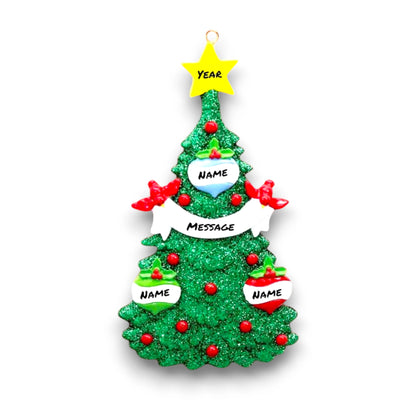 Personalized Green Christmas Tree Ornament with 3 customizable baubles, red accents, and a yellow star topper, perfect for families and holiday celebrations.

