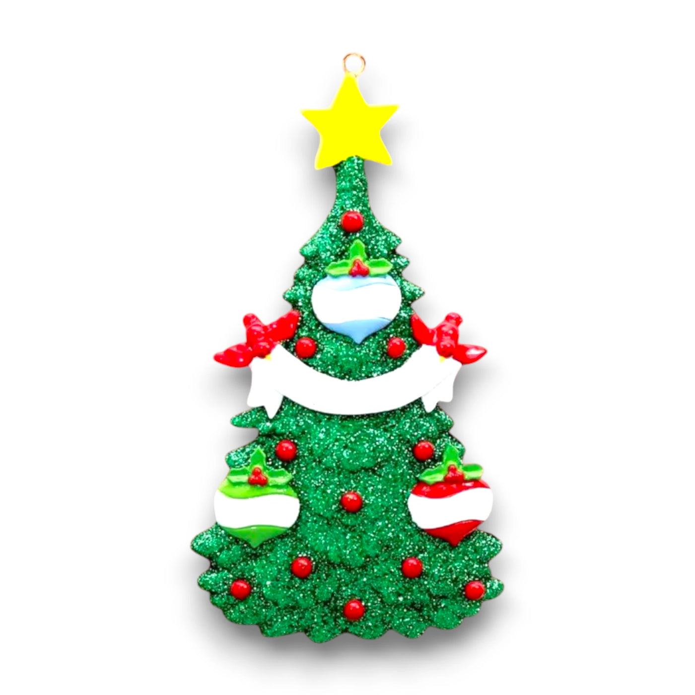 Personalized Green Christmas Tree Ornament with 3 customizable baubles, red accents, and a yellow star topper, perfect for families and holiday celebrations.

