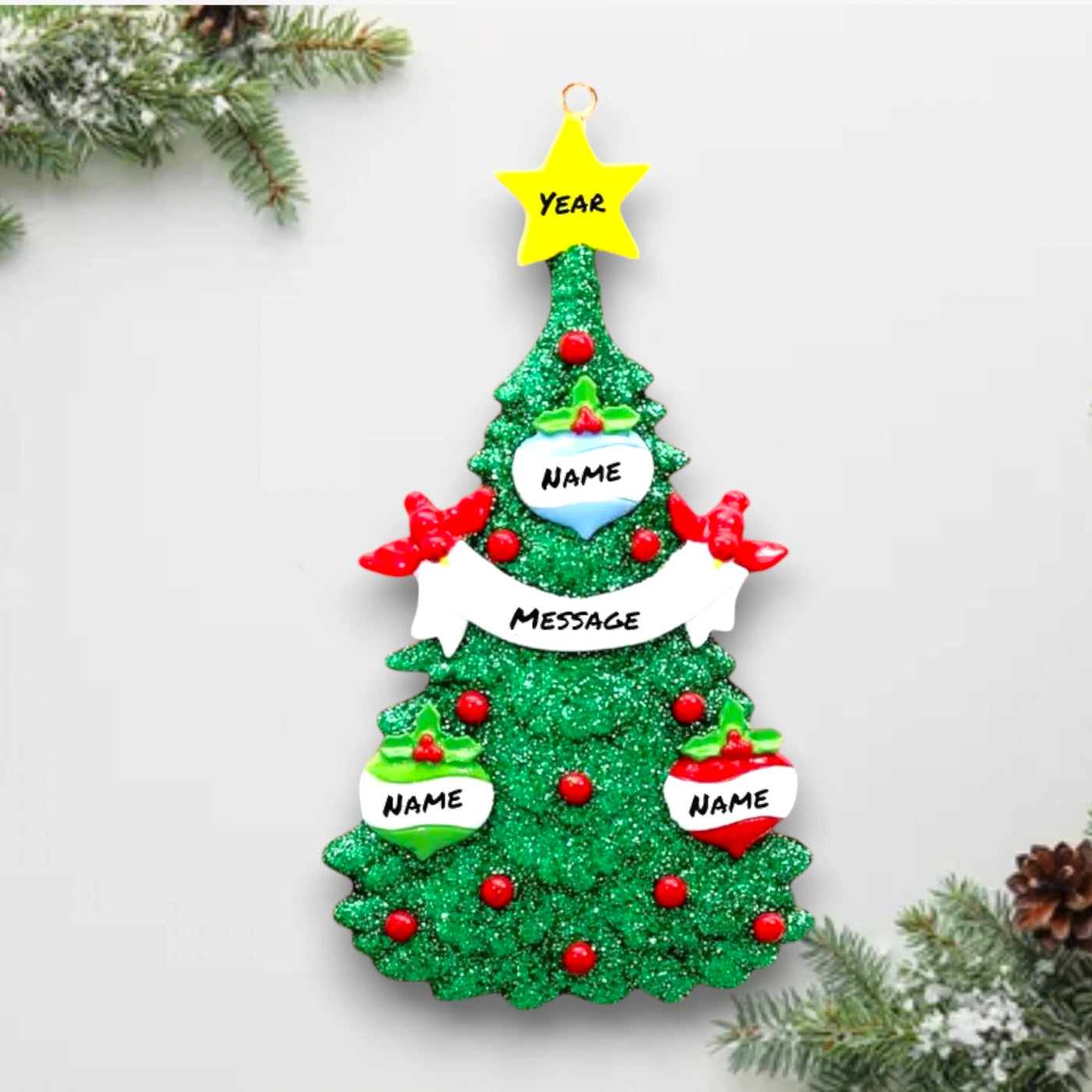 Personalized Green Christmas Tree Ornament with 3 customizable baubles, red accents, and a yellow star topper, perfect for families and holiday celebrations.

