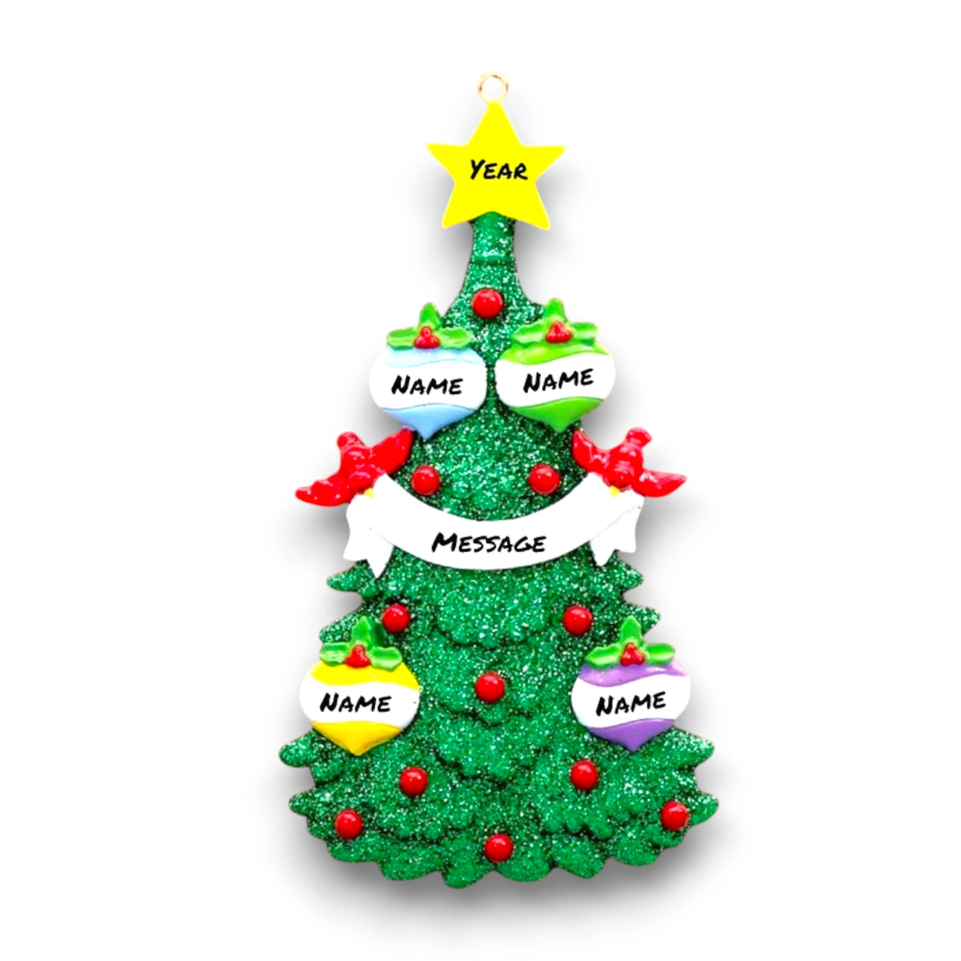 Personalized Green Christmas Tree Ornament featuring 4 customizable baubles, red cardinals, and a yellow star topper, perfect for families and festive décor.

