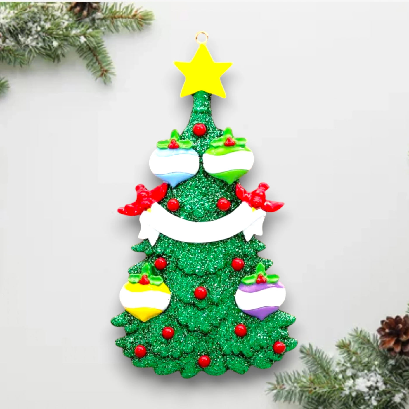 Personalized Green Christmas Tree Ornament featuring 4 customizable baubles, red cardinals, and a yellow star topper, perfect for families and festive décor.

