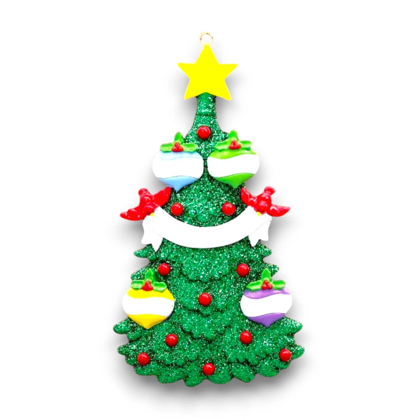 Personalized Green Christmas Tree Ornament featuring 4 customizable baubles, red cardinals, and a yellow star topper, perfect for families and festive décor.

