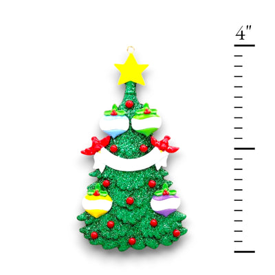 Personalized Green Christmas Tree Ornament featuring 4 customizable baubles, red cardinals, and a yellow star topper, perfect for families and festive décor.

