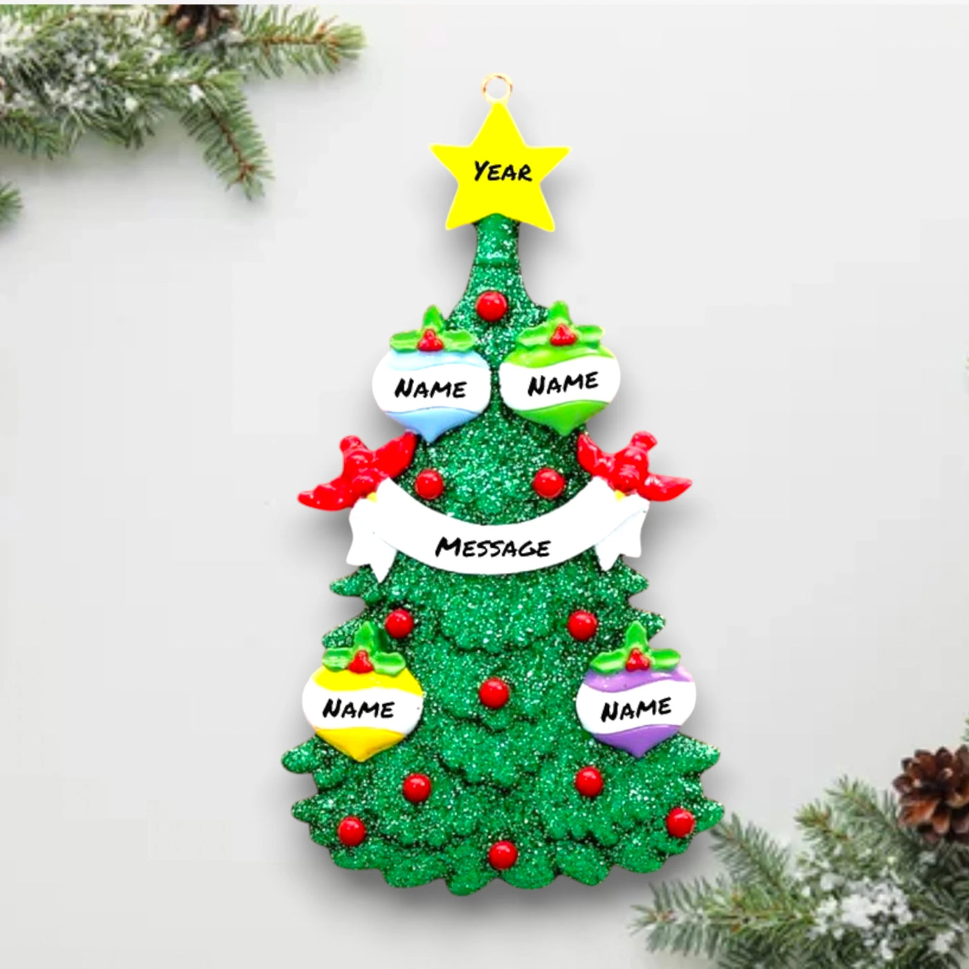 Personalized Green Christmas Tree Ornament featuring 4 customizable baubles, red cardinals, and a yellow star topper, perfect for families and festive décor.

