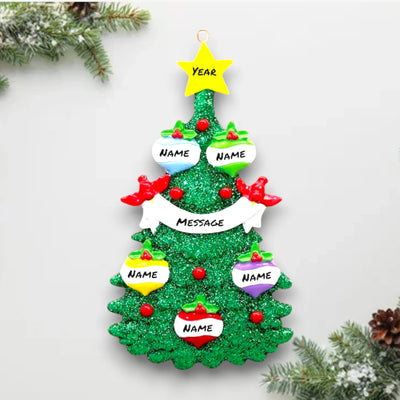 Personalized Green Christmas Tree Ornament featuring 5 customizable baubles, a yellow star topper, and red cardinals. Ideal for festive holiday decorations.

