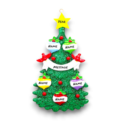 Personalized Green Christmas Tree Ornament featuring 5 customizable baubles, a yellow star topper, and red cardinals. Ideal for festive holiday decorations.
