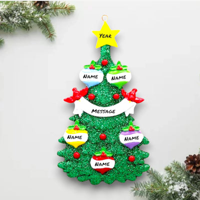 Personalized Green Christmas Tree Ornament featuring 5 customizable baubles, a yellow star topper, and red cardinals. Ideal for festive holiday decorations.
