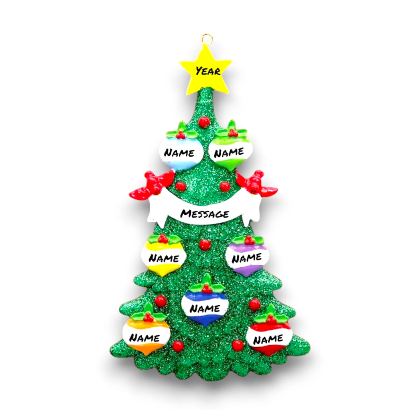 Personalized Green Christmas Tree Ornament featuring 7 customizable baubles, a yellow star topper, and red cardinals. Perfect for festive holiday decorating.

