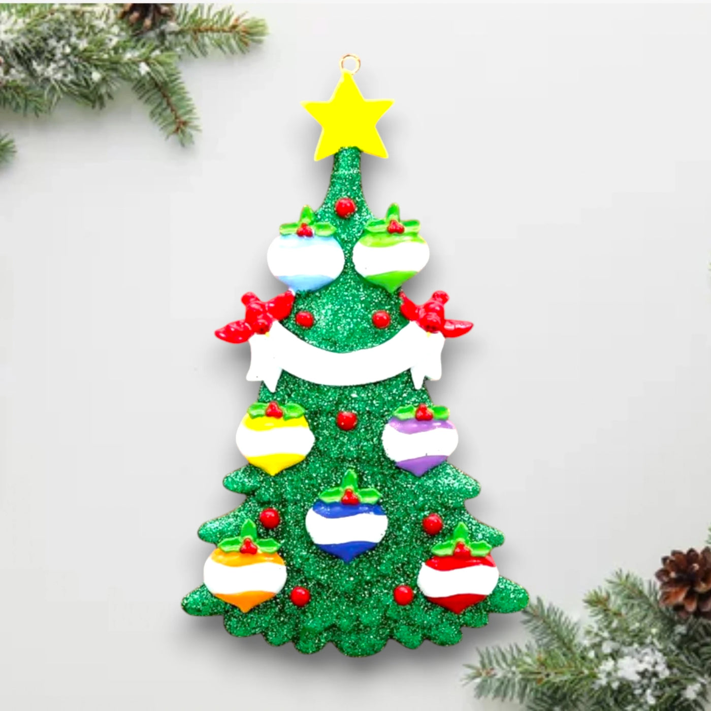 Personalized Green Christmas Tree Ornament featuring 7 customizable baubles, a yellow star topper, and red cardinals. Perfect for festive holiday decorating.

