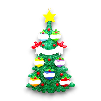 Personalized Green Christmas Tree Ornament featuring 7 customizable baubles, a yellow star topper, and red cardinals. Perfect for festive holiday decorating.

