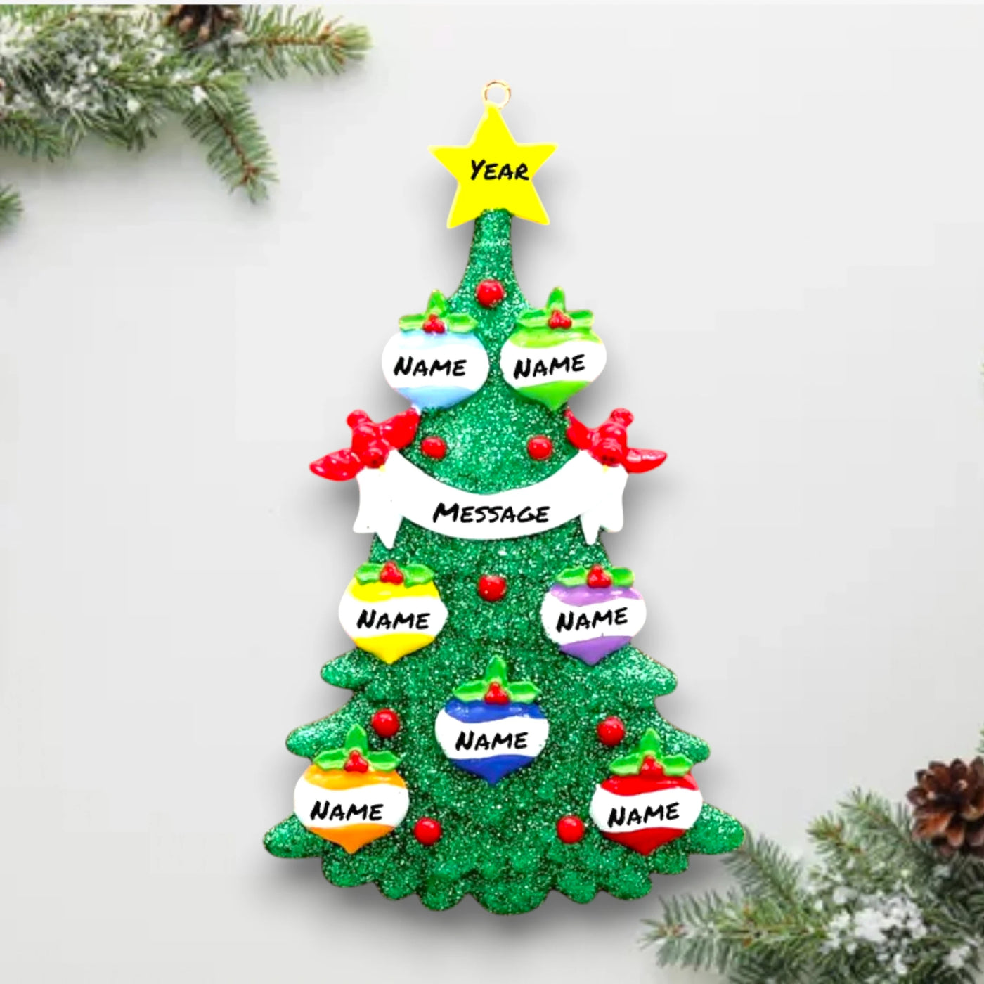 Personalized Green Christmas Tree Ornament featuring 7 customizable baubles, a yellow star topper, and red cardinals. Perfect for festive holiday decorating.

