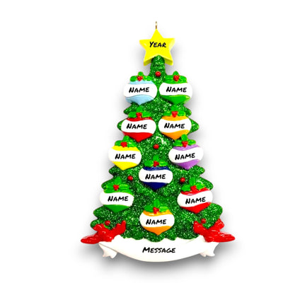 Personalized Green Glitter Tree 10 Christmas Ornament featuring a glittering tree with colorful baubles and a yellow star topper, customizable with up to 10 names and year.

