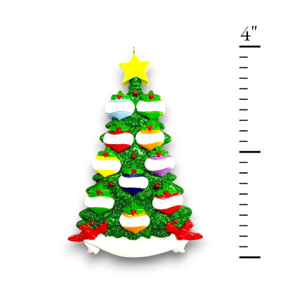 Personalized Green Glitter Tree 10 Christmas Ornament featuring a glittering tree with colorful baubles and a yellow star topper, customizable with up to 10 names and year.

