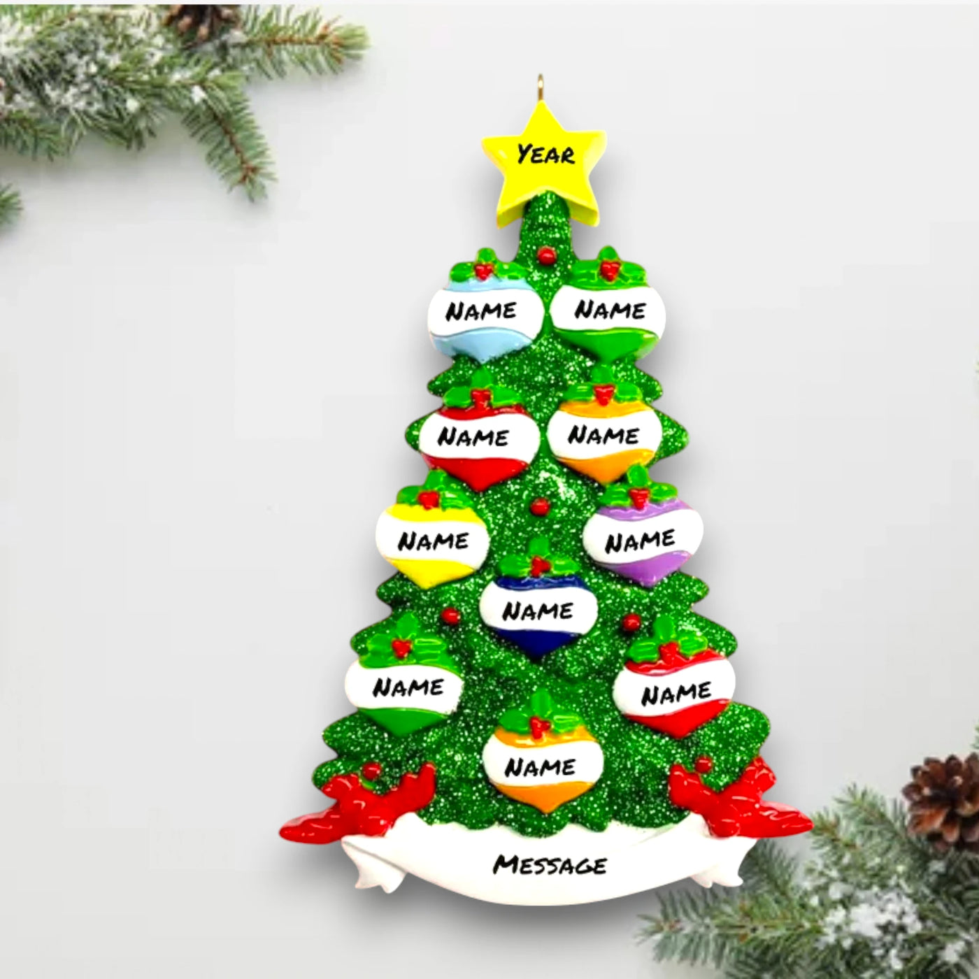 Personalized Green Glitter Tree 10 Christmas Ornament featuring a glittering tree with colorful baubles and a yellow star topper, customizable with up to 10 names and year.

