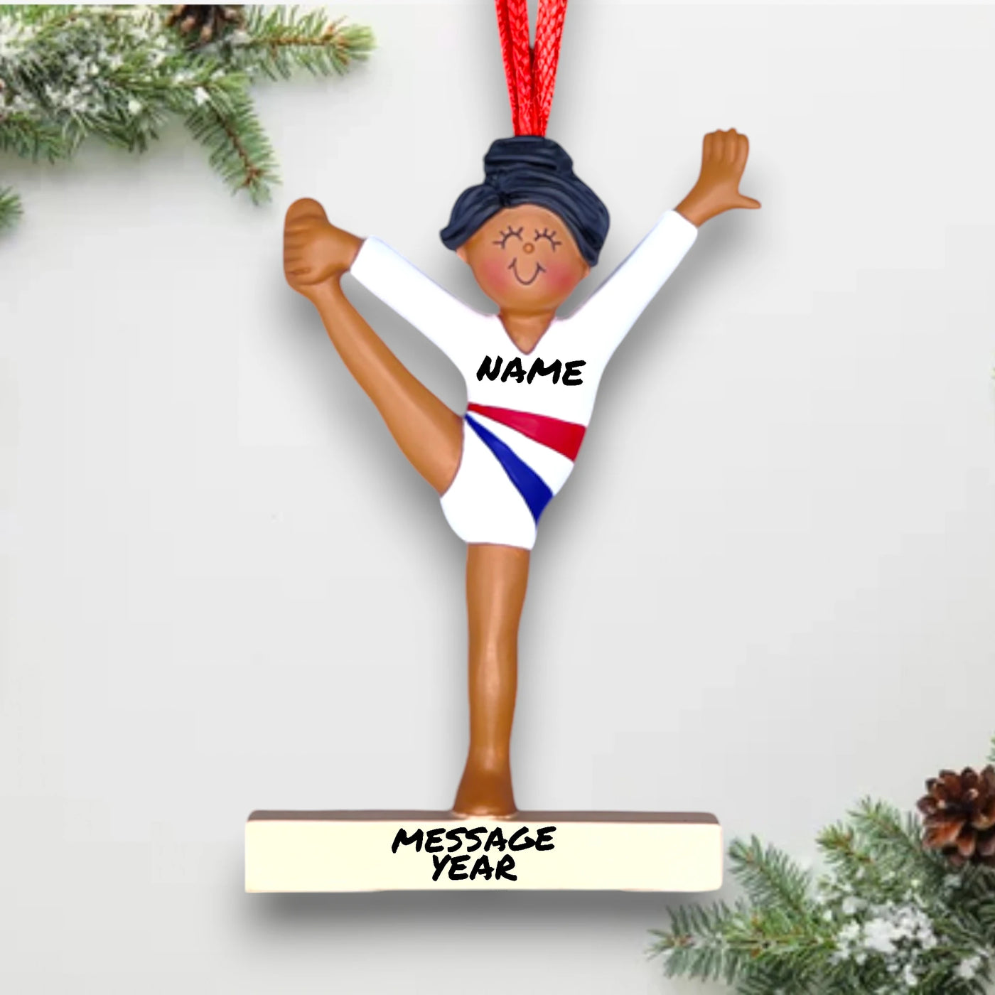 Personalized African American Gymnast Ornament with Custom Name, Message, and Year – Female Child in White Uniform