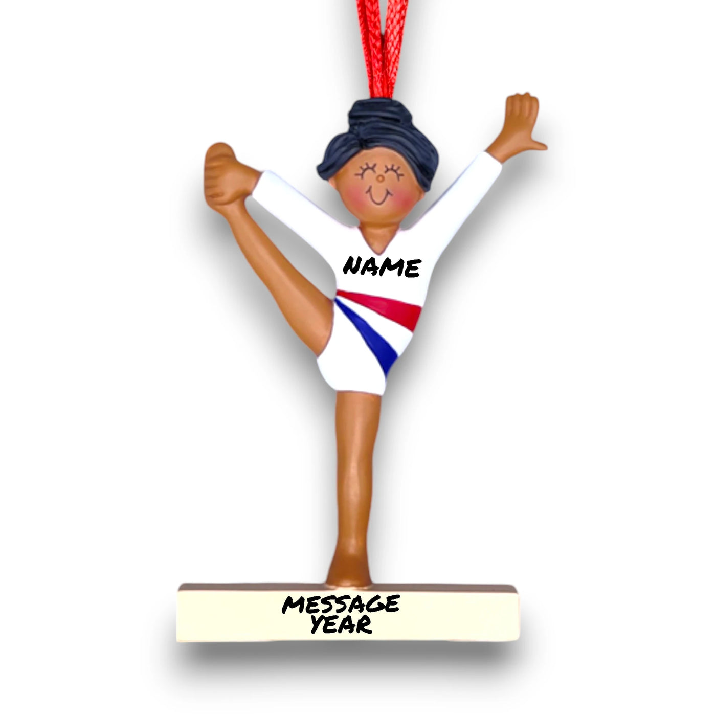 Personalized African American Gymnast Ornament with Custom Name, Message, and Year – Female Child in White Uniform