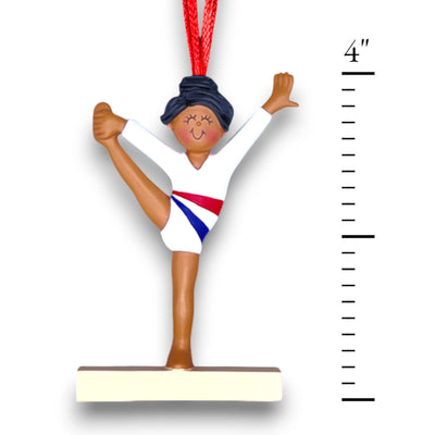 Personalized African American Gymnast Ornament with Custom Name, Message, and Year – Female Child in White Uniform