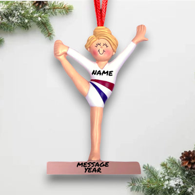 Personalized Gymnast Ornament for Blonde Female Child – Custom Name, Message, and Year.