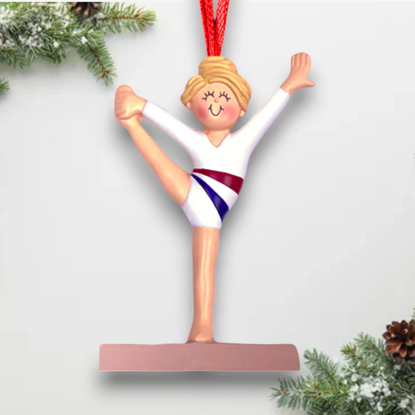 Personalized Gymnast Ornament for Blonde Female Child – Custom Name, Message, and Year.