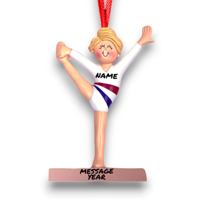 Personalized Gymnast Ornament for Blonde Female Child – Custom Name, Message, and Year.