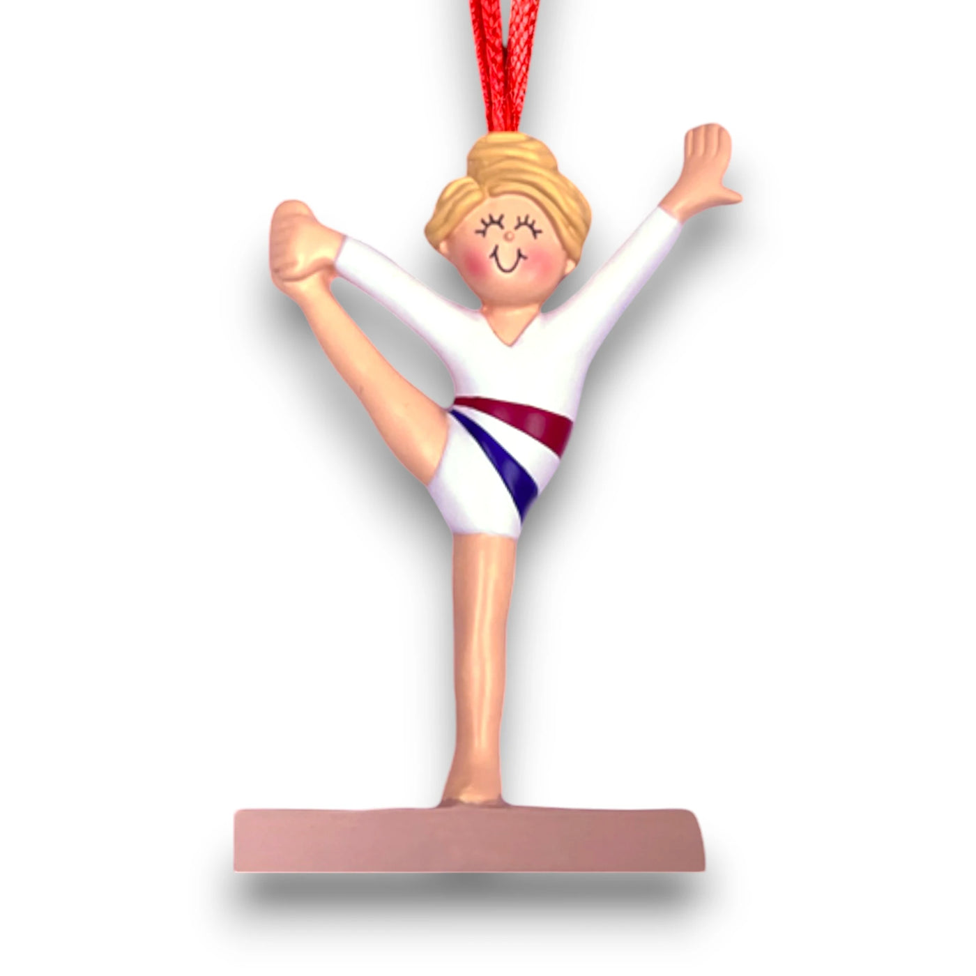 Personalized Gymnast Ornament for Blonde Female Child – Custom Name, Message, and Year.