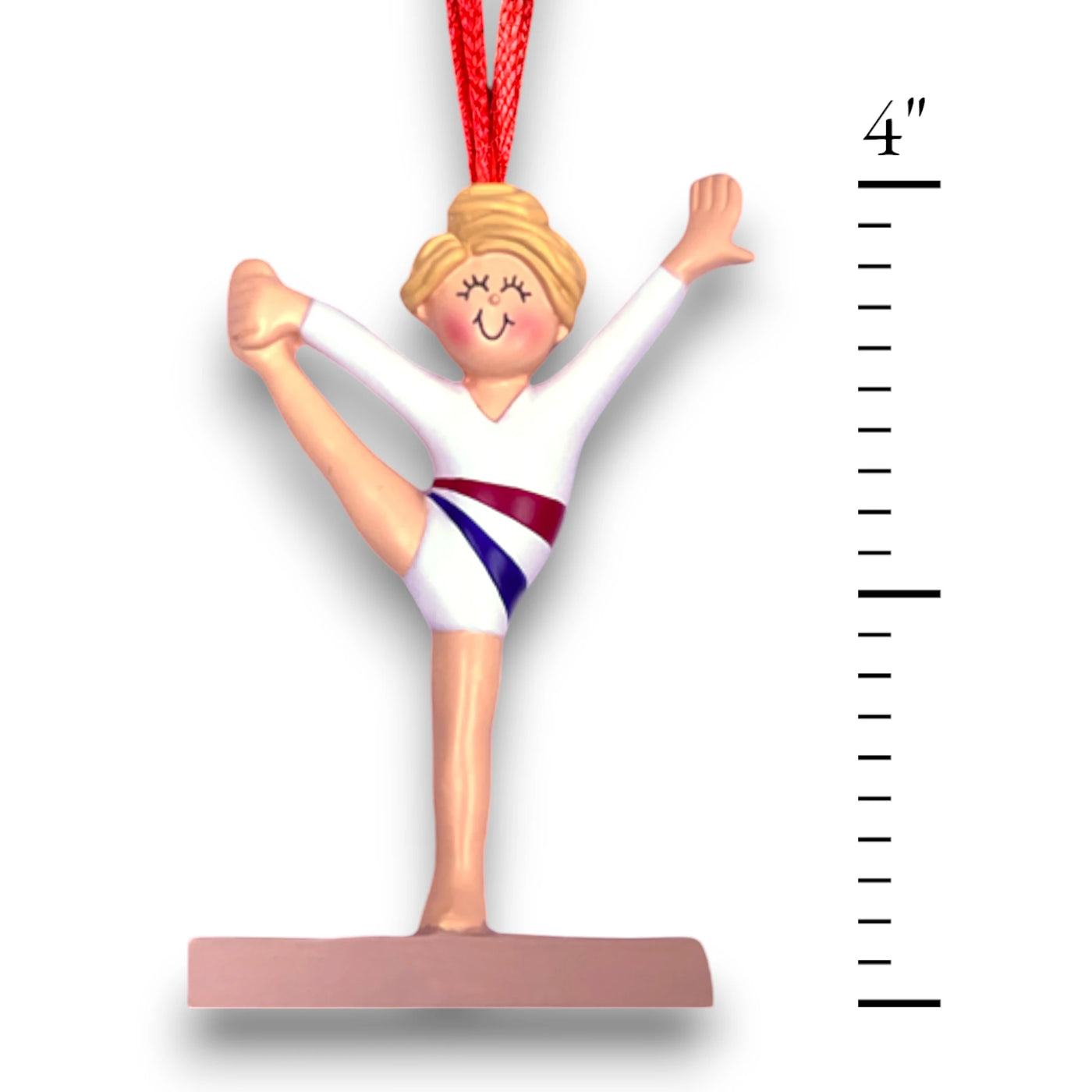 Personalized Gymnast Ornament for Blonde Female Child – Custom Name, Message, and Year.