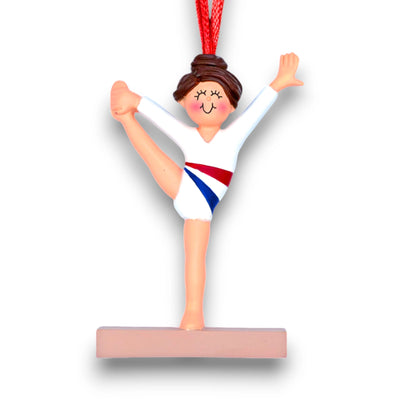 Personalized Female Gymnast Christmas Ornament with Brunette Hair, Custom Name, Year, and Message