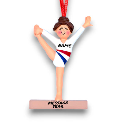 Personalized Female Gymnast Christmas Ornament with Brunette Hair, Custom Name, Year, and Message