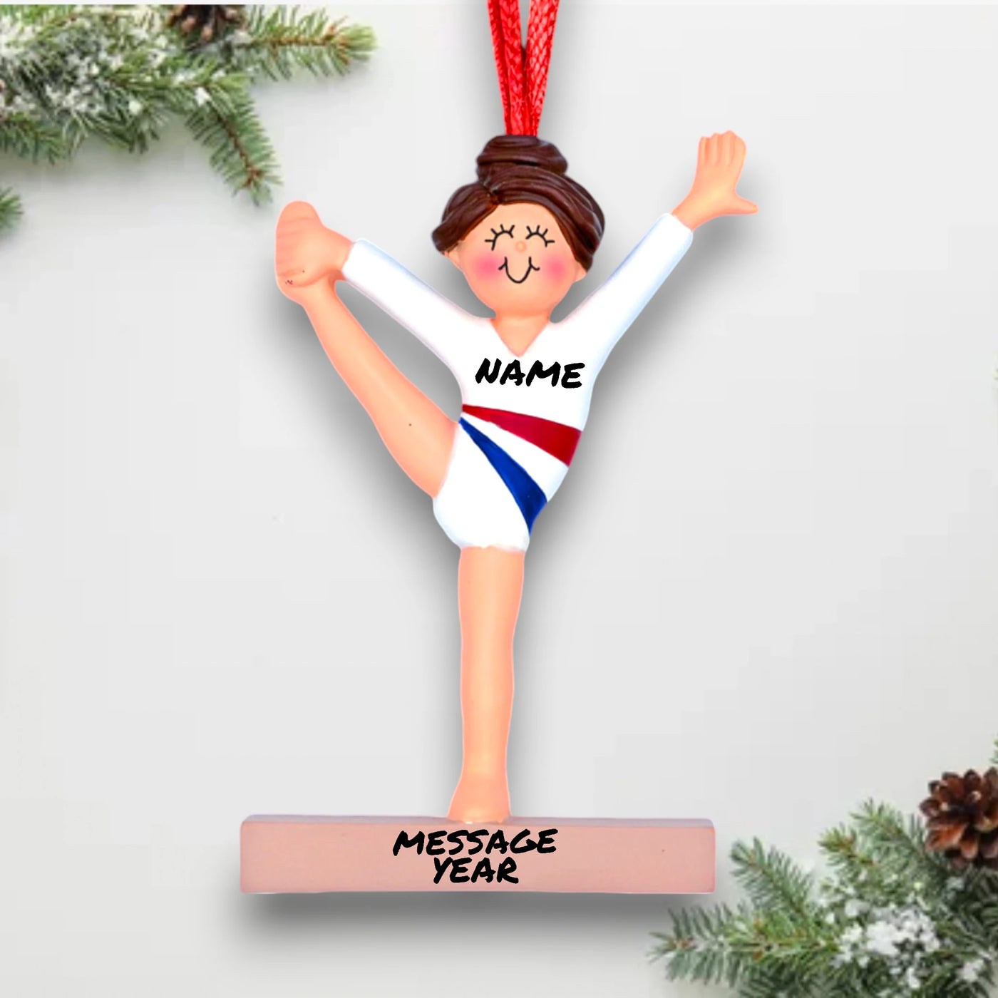 Personalized Female Gymnast Christmas Ornament with Brunette Hair, Custom Name, Year, and Message