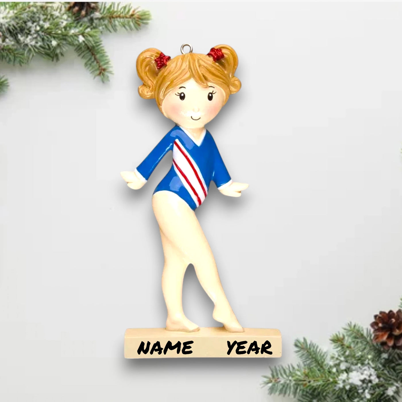 Personalized Gymnast Christmas Ornament featuring a gymnast in a dynamic pose with customizable name and year.