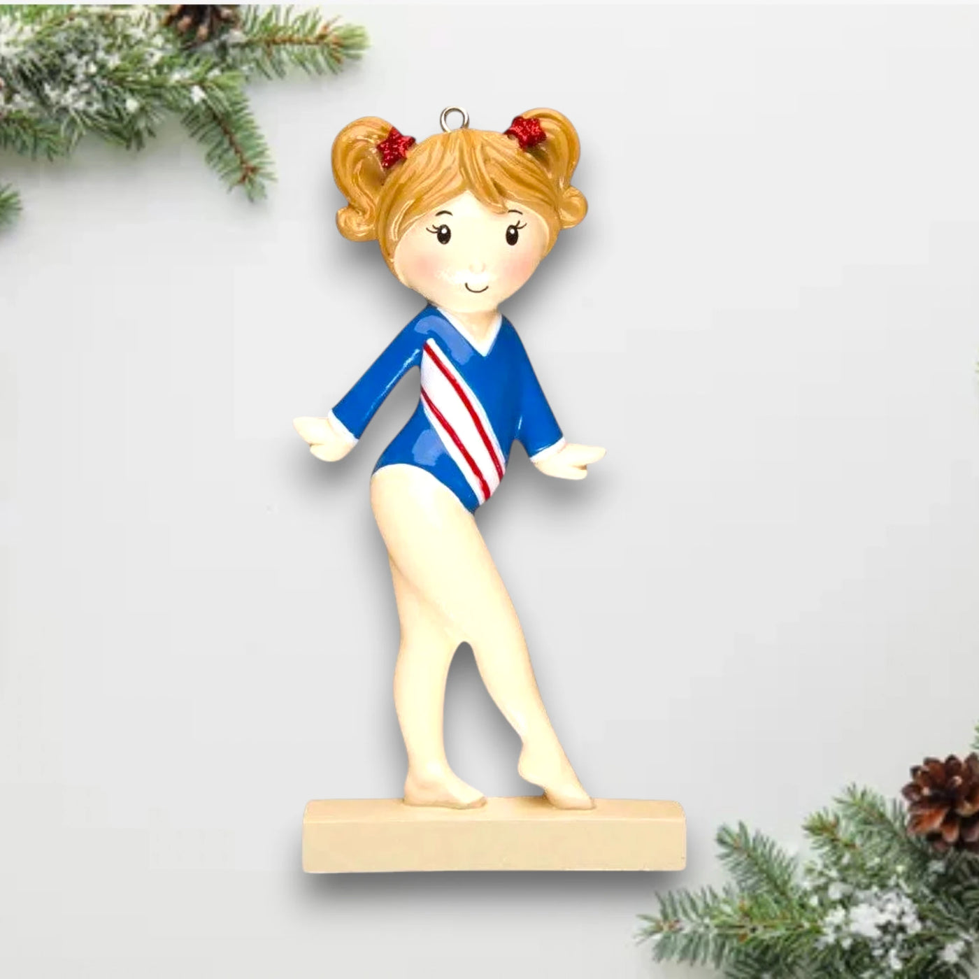 Personalized Gymnast Christmas Ornament featuring a gymnast in a dynamic pose with customizable name and year.