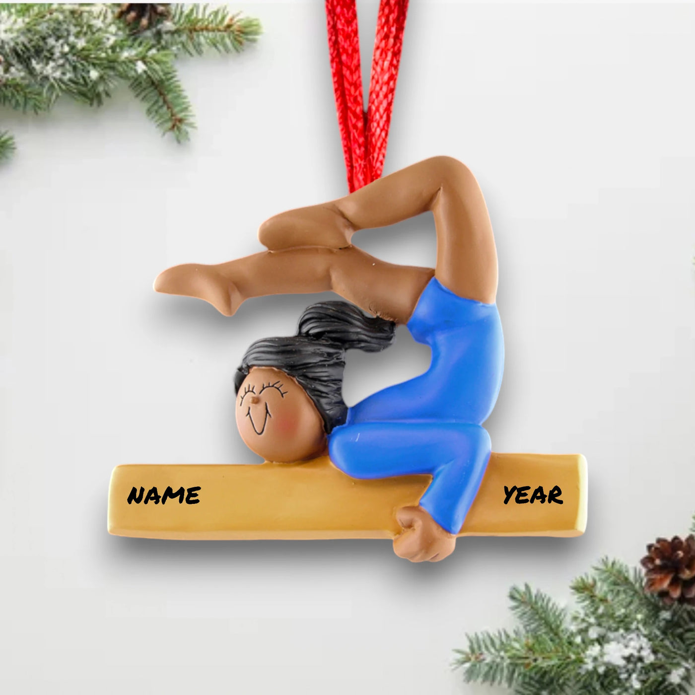 Personalized Gymnast Ornament with Name and Year – African American Female Performing on a Balance Beam