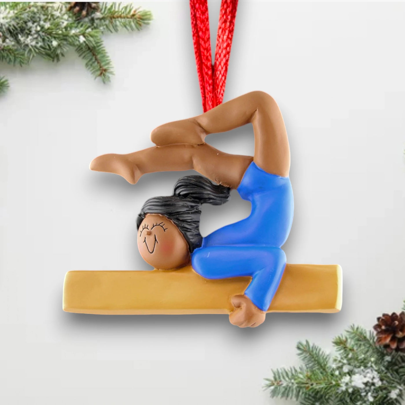 Personalized Gymnast Ornament with Name and Year – African American Female Performing on a Balance Beam