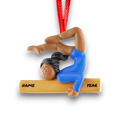 Personalized Gymnast Ornament with Name and Year – African American Female Performing on a Balance Beam